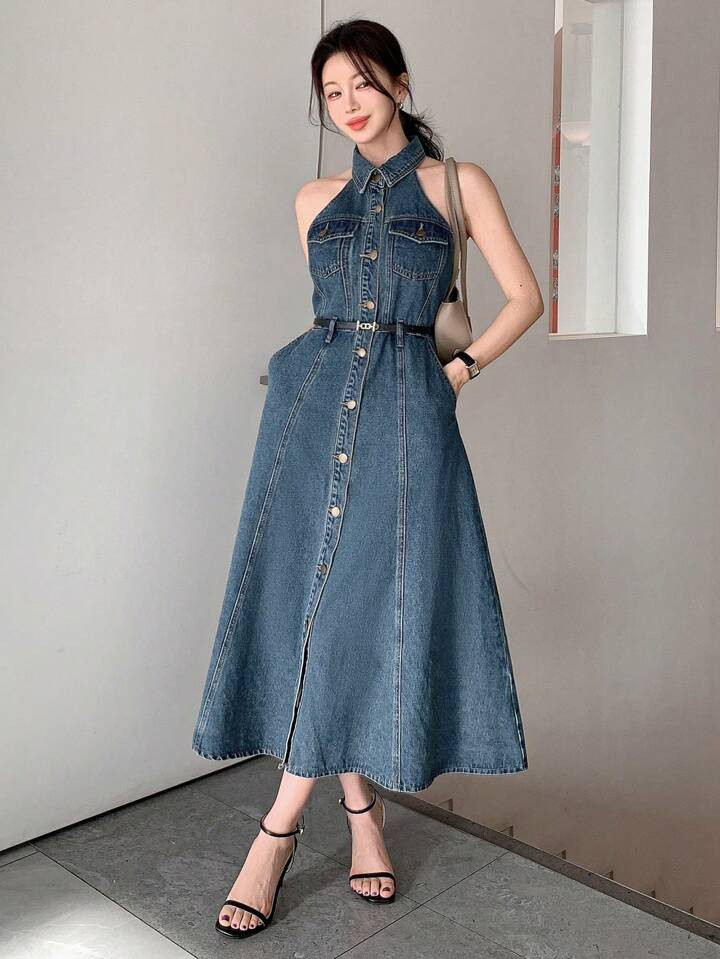 DAZY Washed Sleeveless Button Women Denim Dress | SHEIN