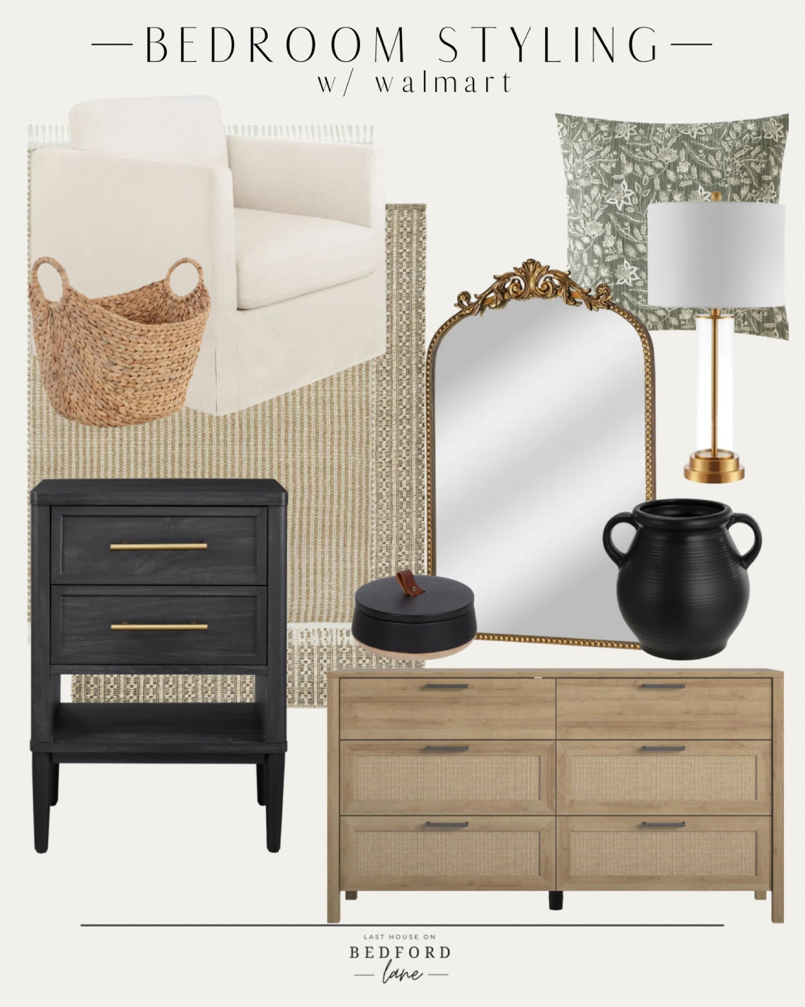Affordable bedroom from Walmart! 

Six drawer dresser, natural wood dresser, black nightstand, wood nightstand, antique mirror, wall mirror, bedroom mirror, vintage throw pillow, brass table lamp, white accent chair, black vase, throw blanket, bedroom rug, area rug 

#LTKhome #LTKstyletip #LTKsalealert