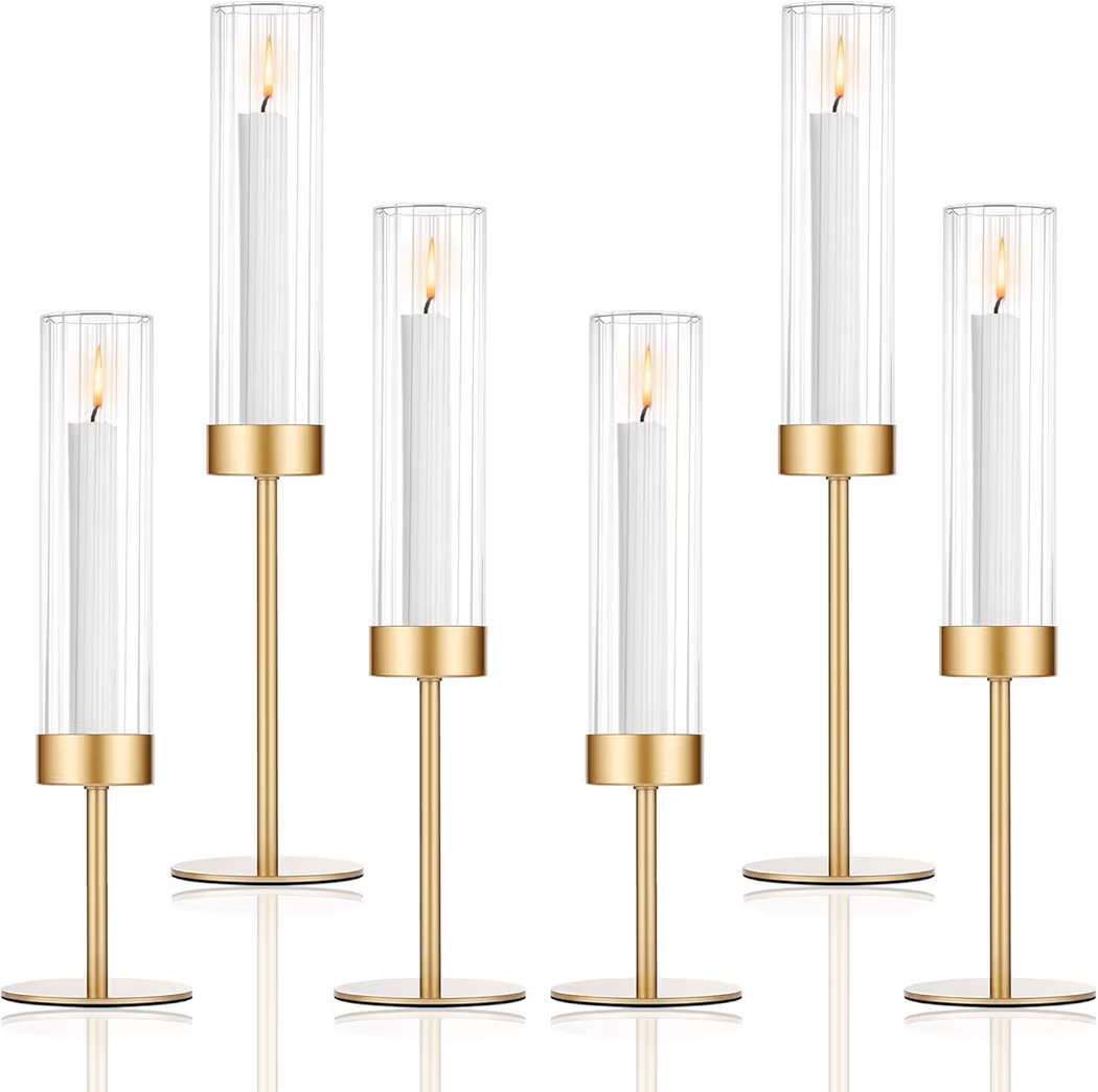 Tall Hurricane Candle Holders Set of 6, Gold Glass Taper Candlestick Holders for Wedding, Christmas, Dining Table, Party & Home Decor | Amazon (US)