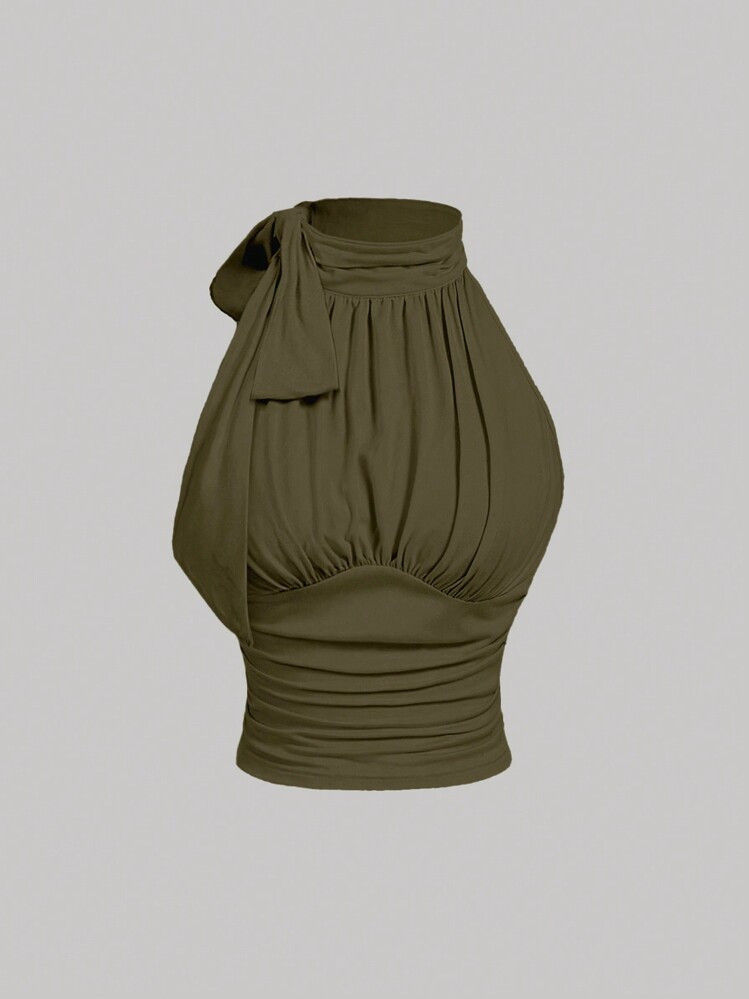 SHEIN MOD Stand Collar Bowknot Gather Green Tank Top | SHEIN