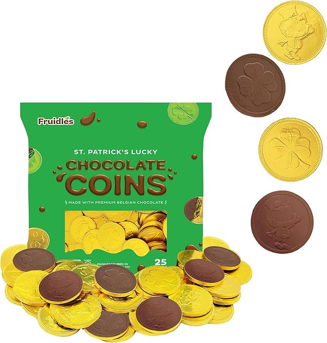 St. Patrick's Day 25 Milk Chocolate Coins Lucky Gold Coins Foils, Shamrock Clover Leprechaun remi... | Amazon (US)
