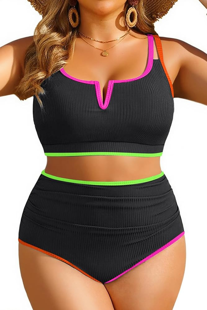 Women Plus Size High Waisted Bikini - Ribbed Two Piece Swimsuit Tummy Control Bathing Suit V-Wire... | Amazon (US)