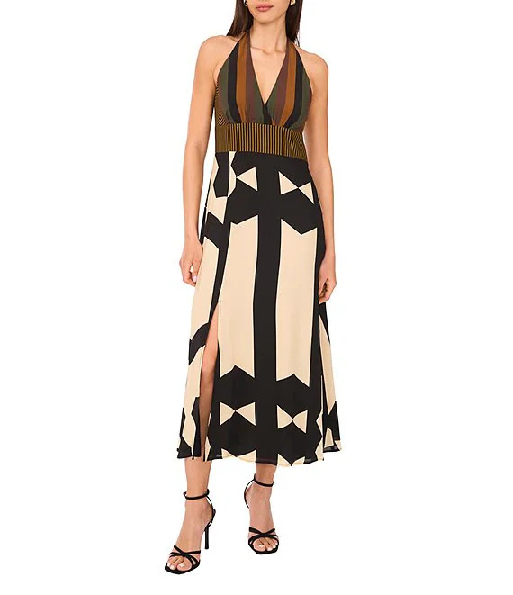 Woven Abstract Print V-Neck Sleeveless Printed Midi Dress | Dillard's