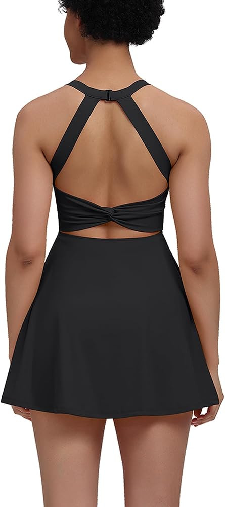 Womens Tennis Workout Dress with Easy Bathroom Shorts Romper Cut Out Twisted Athletic Dresses for... | Amazon (US)
