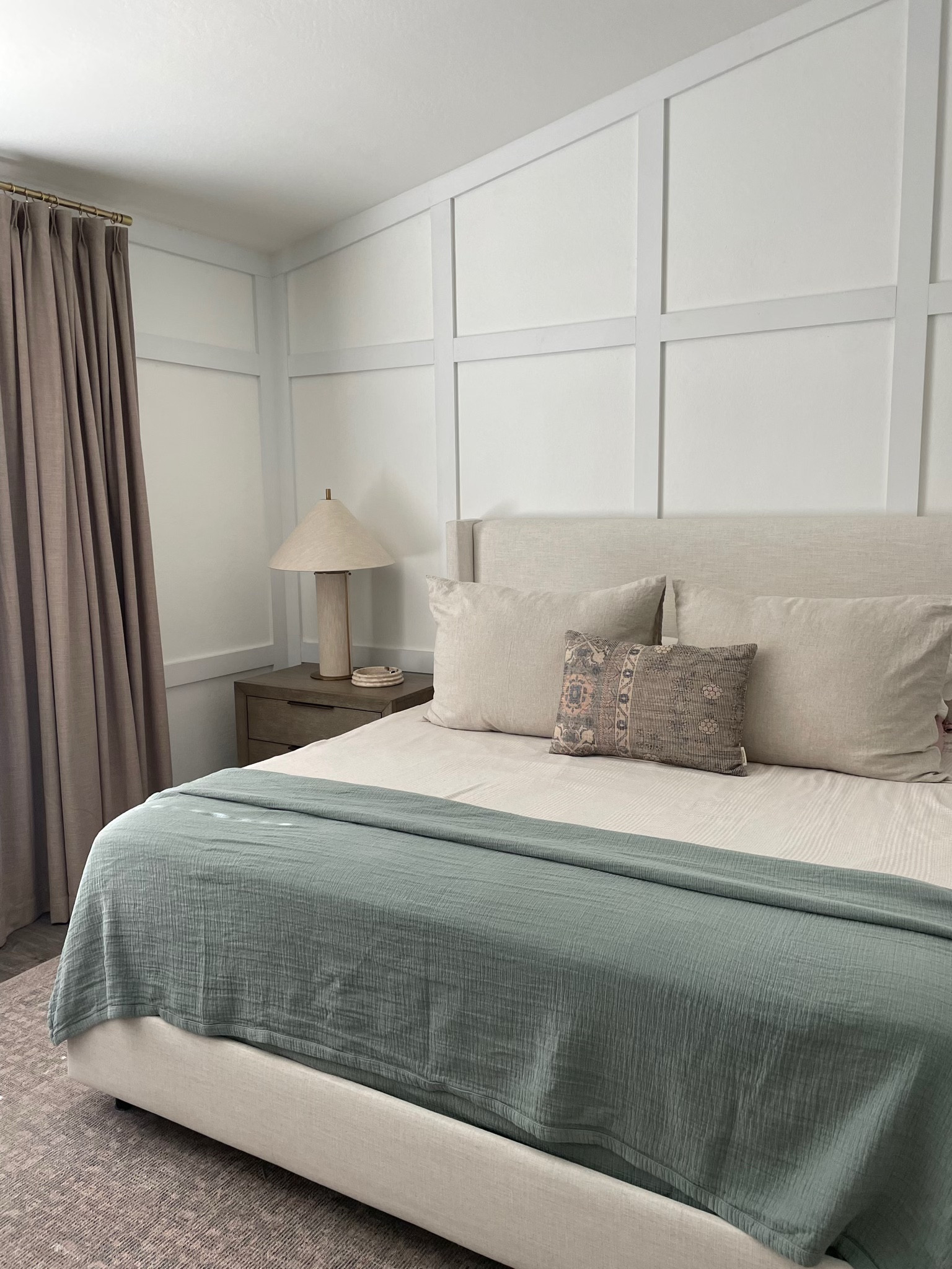 Our primary bedroom has some color for summer 🤍 Took away the extra bed pillows for these Pottery Barn king lounger oversized pillows instead. Keeping it simple will mean making the bed is gonna be way easier! Curtains are the Liz style from TwoPages in color Grey Beige. Linen lamps are from crate + barrel and bring a great modern touch 

#LTKHome