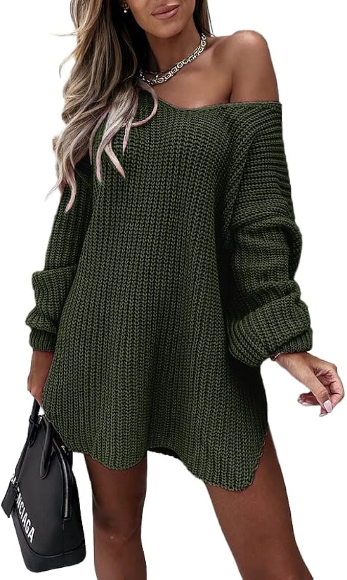 Amazon.com: NOLLSOM Women Casual Long Sleeve Relaxed Fit Sweater Dresses Off Shoulder Solid Ribbe... | Amazon (US)