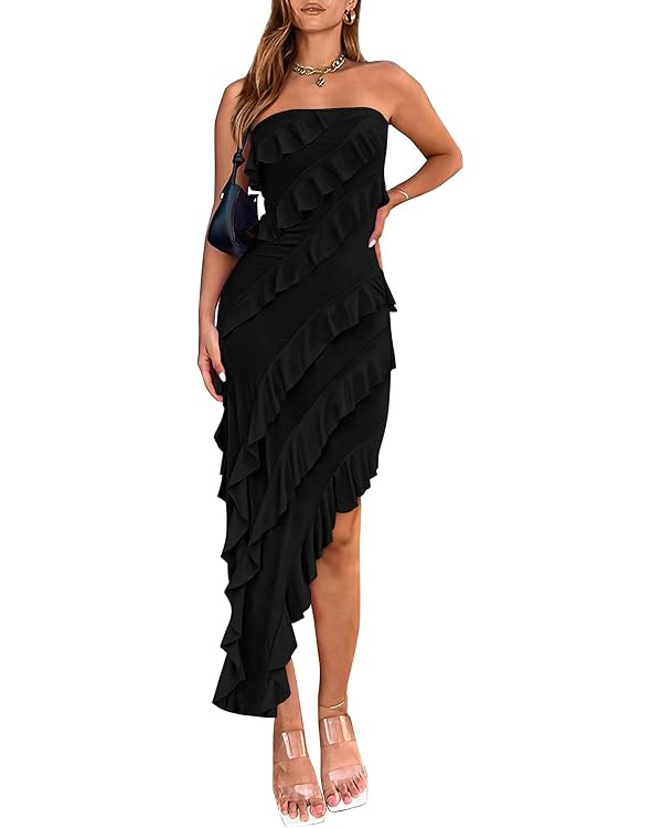 PRETTYGARDEN Women's Summer Long Formal Cocktail Dress Strapless Tube Asymmetrical Ruffle Maxi Bo... | Amazon (US)