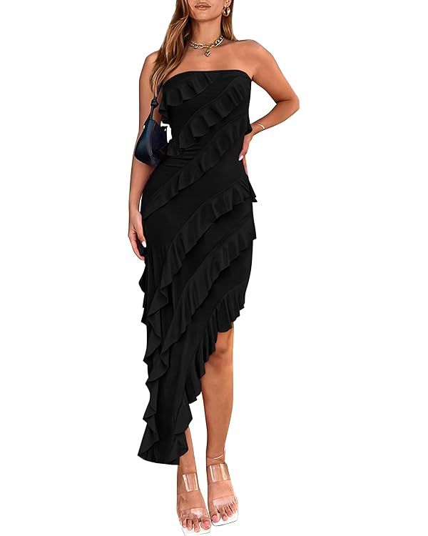 PRETTYGARDEN Women's Summer Long Formal Cocktail Dress Strapless Tube Asymmetrical Ruffle Maxi Bo... | Amazon (US)