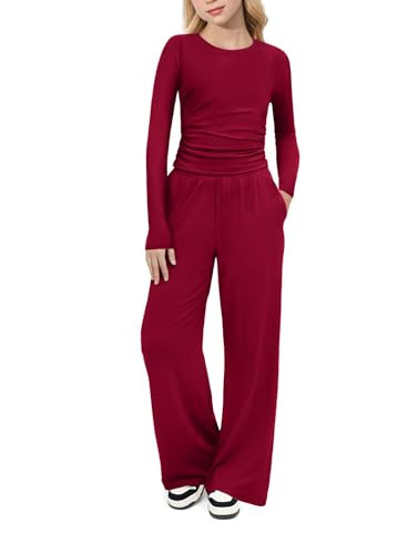 Arshiner Girls Two Piece Outfit Lounge Sets Fall Ruched Long Sleeve Tops and Wide-leg Pant Set Tracksuit Red 8-9 Years | Amazon (US)