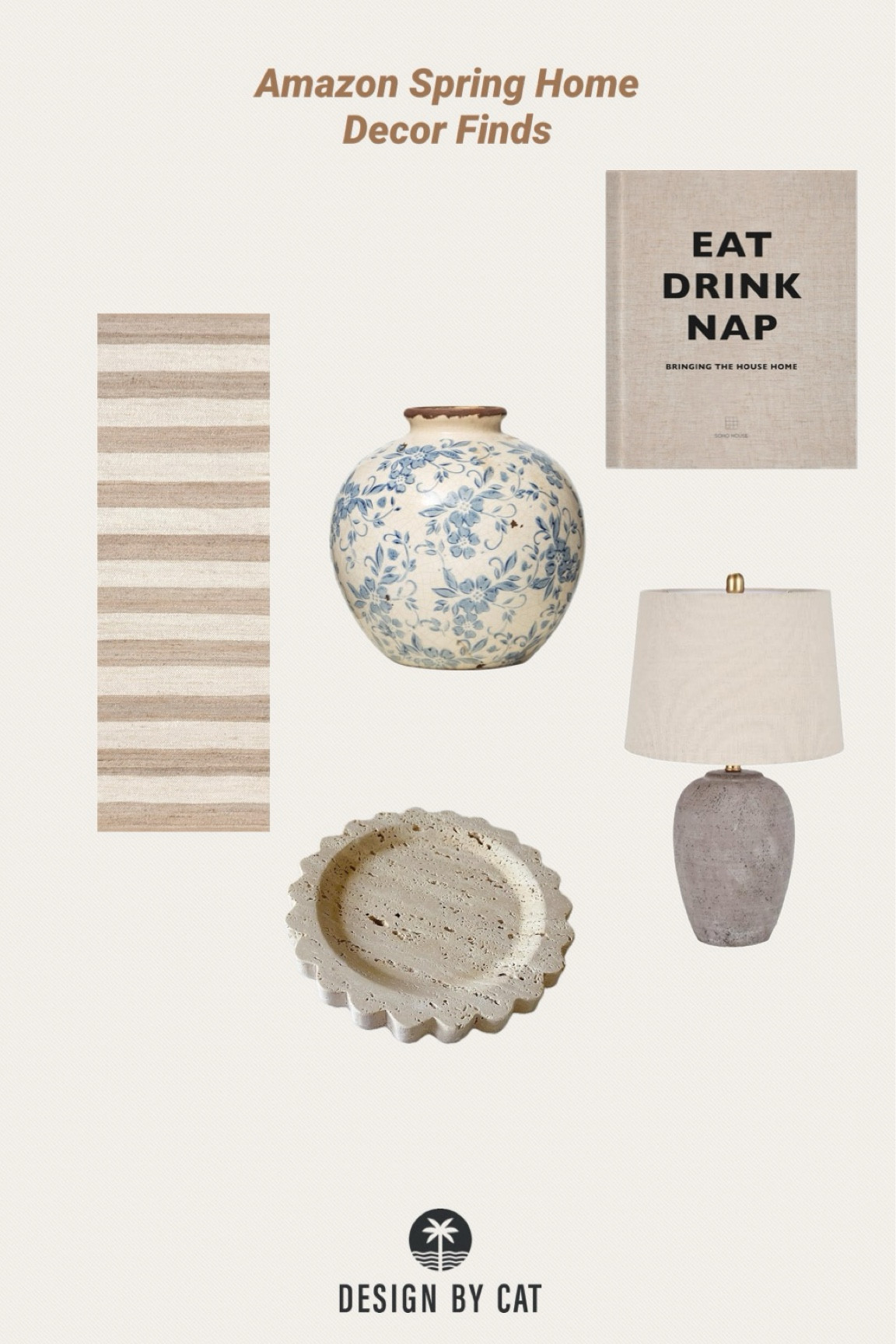 Amazon Spring Home Decor
Light striped jute rug
Organic modern coffee table book
Light gray vase style lamp
Blue and white china style vase
Travertine scalloped dish tray

#LTKhome