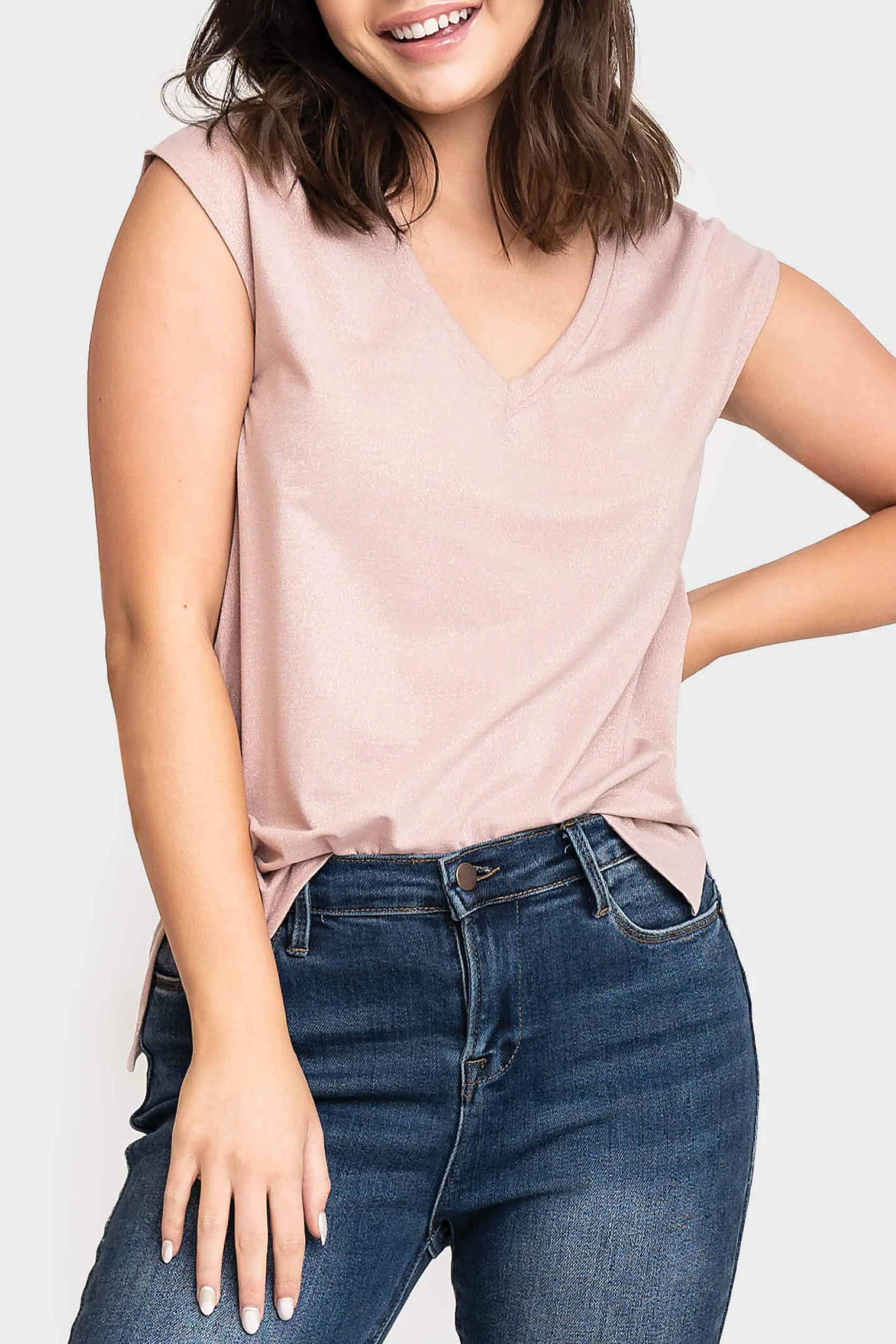 The Favorite Luxe Essentials V-Neck Shimmer Tee | Gibson