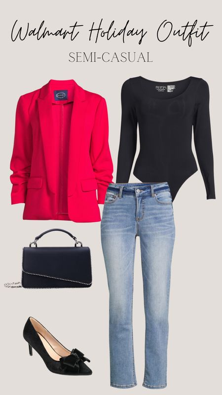 Semi-casual holiday outfit from Walmart. Hair this red blazer with a basic black, red, or white basic top or bodysuit either some light wash straight leg jeans and cute heels for the perfect casual but dressy holiday look 

#LTKHoliday #LTKSeasonal #LTKstyletip