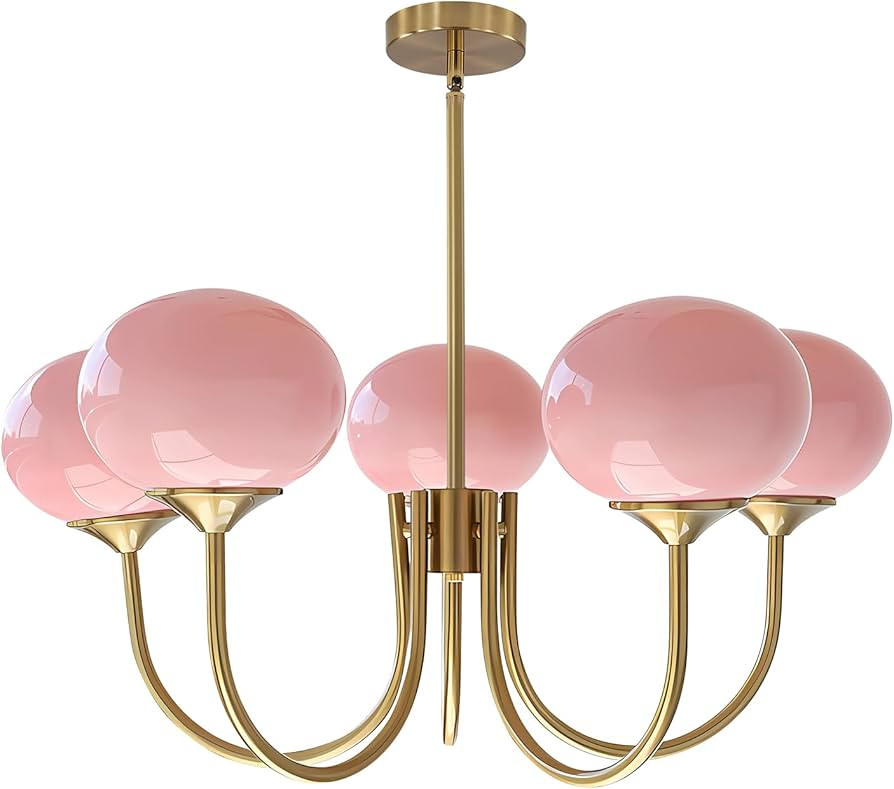 5-Light Pink Glass Ceiling Light Brass Gold Globe Chandelier Light Fixture Modern Pink Bubble Cha... | Amazon (US)