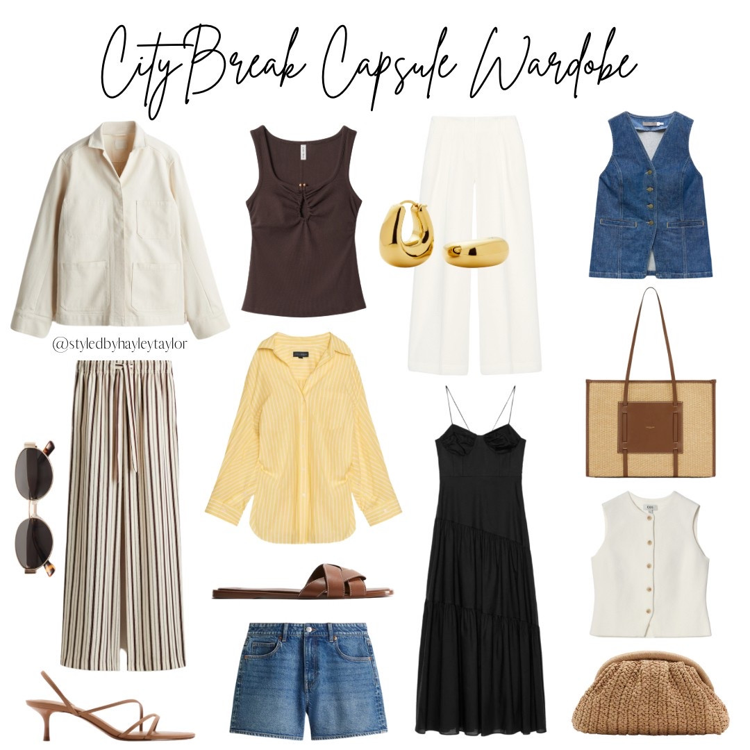 City Break Capsule Wardobe 🫶 | neutral toned light jacket, striped linen trousers, brown vest top, yellow shirt, denim shorts, white trousers, black midi dress, denim waistcoat, knitted waistcoat, neutral toned heeled sandals, tan sandals, raffia tote bag, raffia clutch, sunglasses, gold earrings 

#LTKtravel #LTKeurope #LTKstyletip