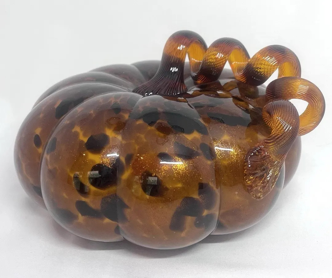 7" Art Glass Pumpkin Amber Brown Gold Black Halloween Handmade Fall Thanksgiving - Etsy | Etsy (US)