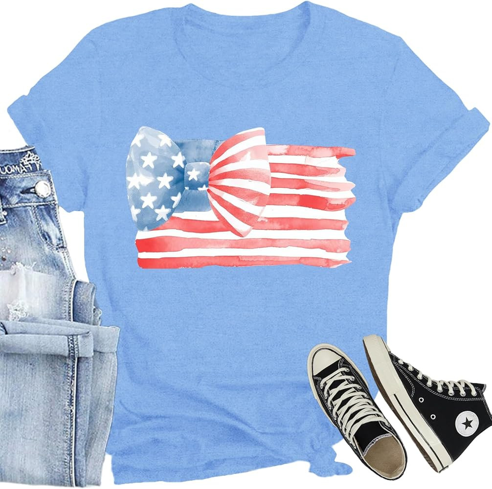 CQF Women American Flag Patriotic T-Shirts Cute USA Bow Flag Shirts Happy 4th of July Tee Tops at... | Amazon (US)