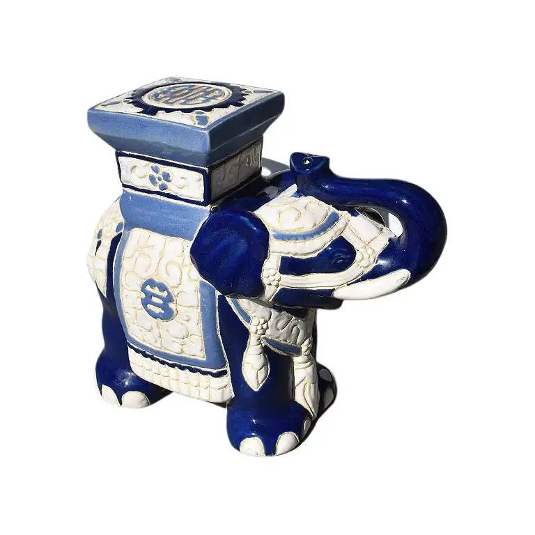 Lucky Chinoiserie Blue and White Ceramic Elephant Plant Stand or Garden Statue | 1stDibs