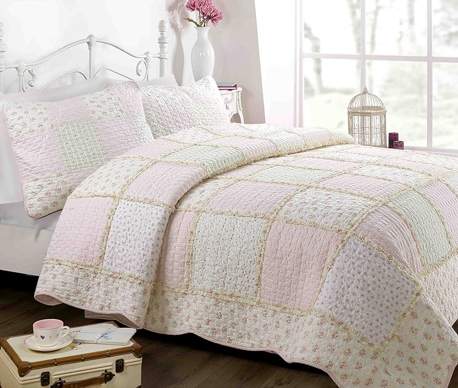 Cozy Line Home Fashions Sweet Light Peachy Pink Floral 2-Piece Patchwork Gingham Ruffle Scalloped... | Amazon (US)