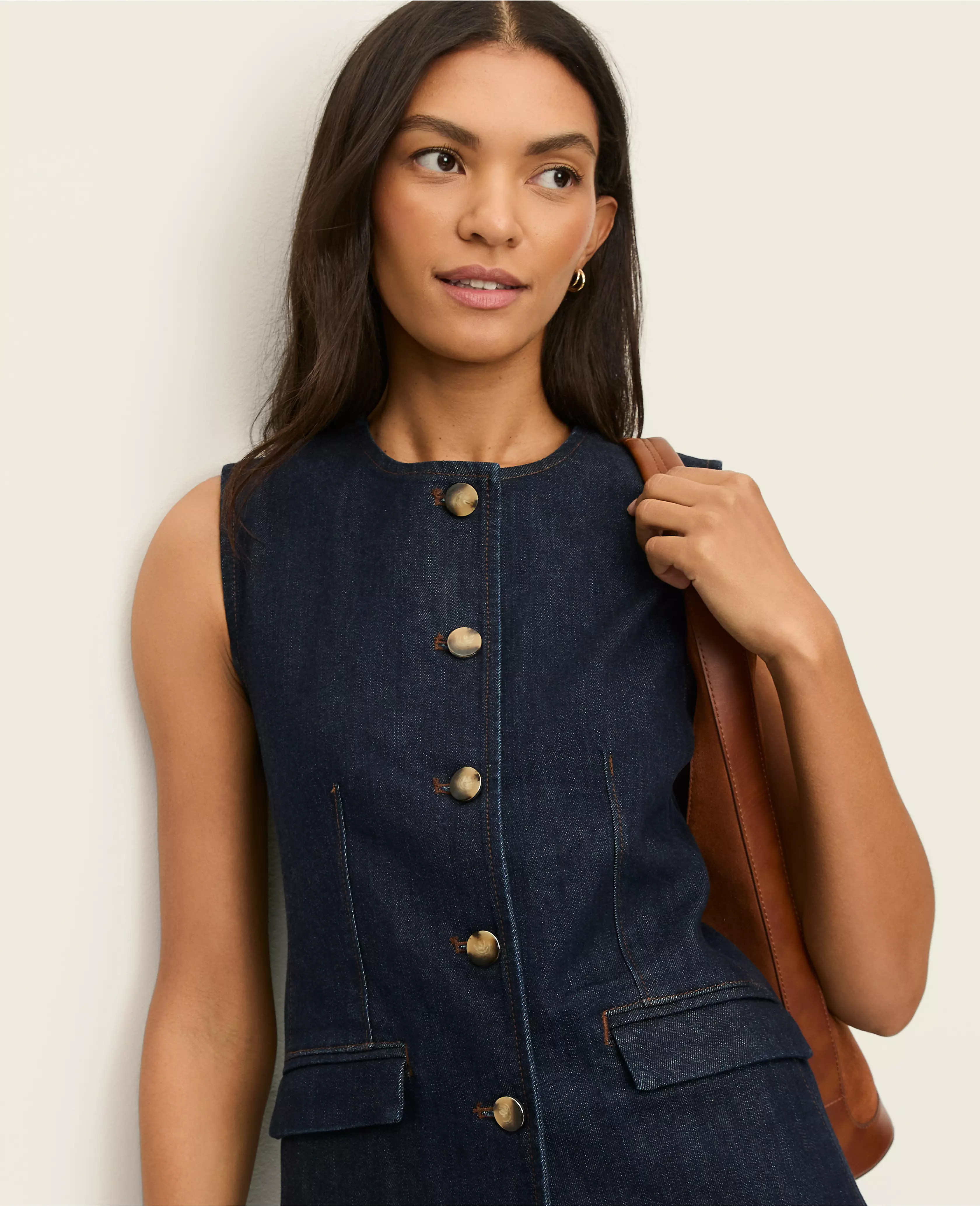 The Long Crew Neck Vest in Denim | Ann Taylor