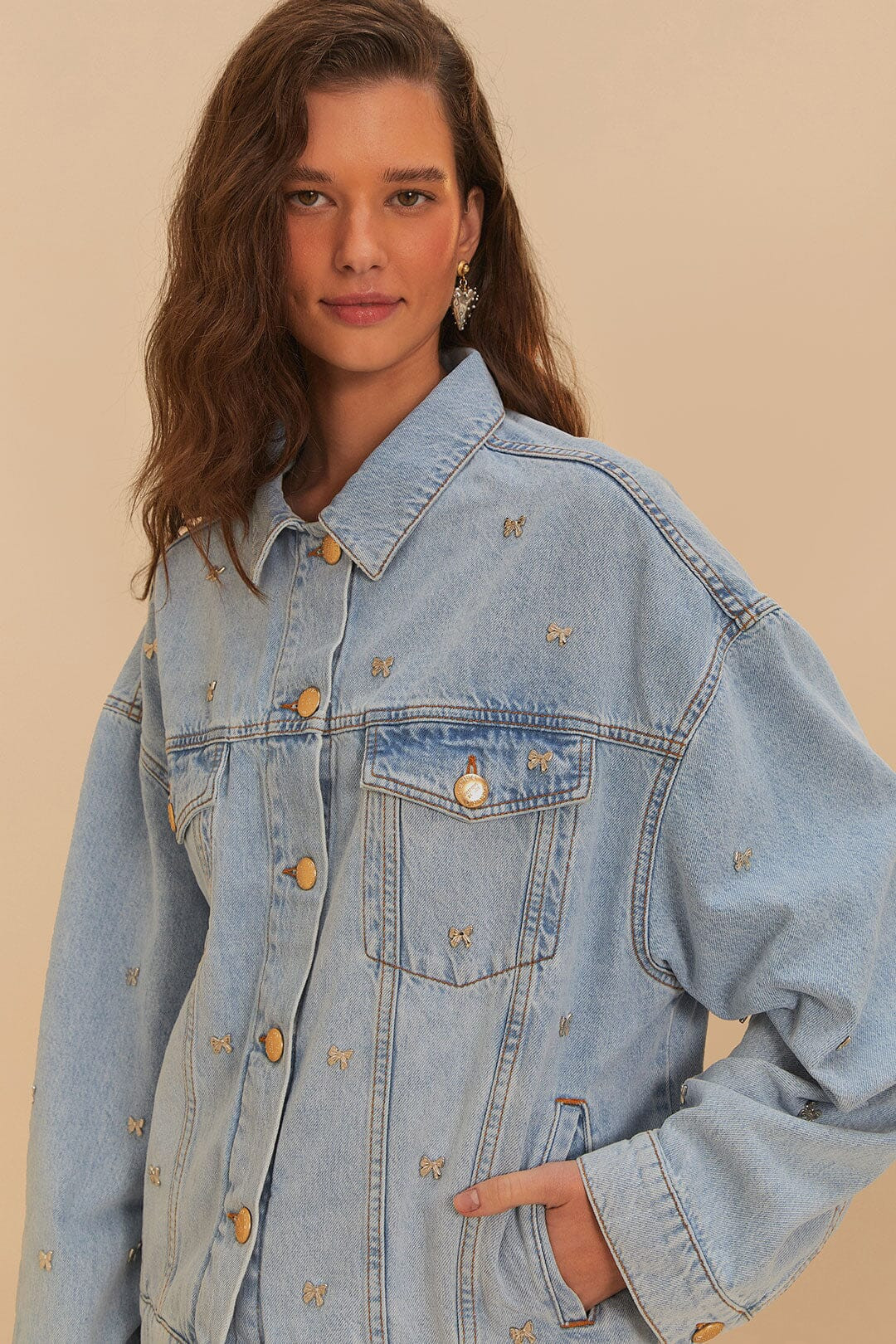 Bows Embroidery Denim Jacket, DENIM / S | FarmRio (US)