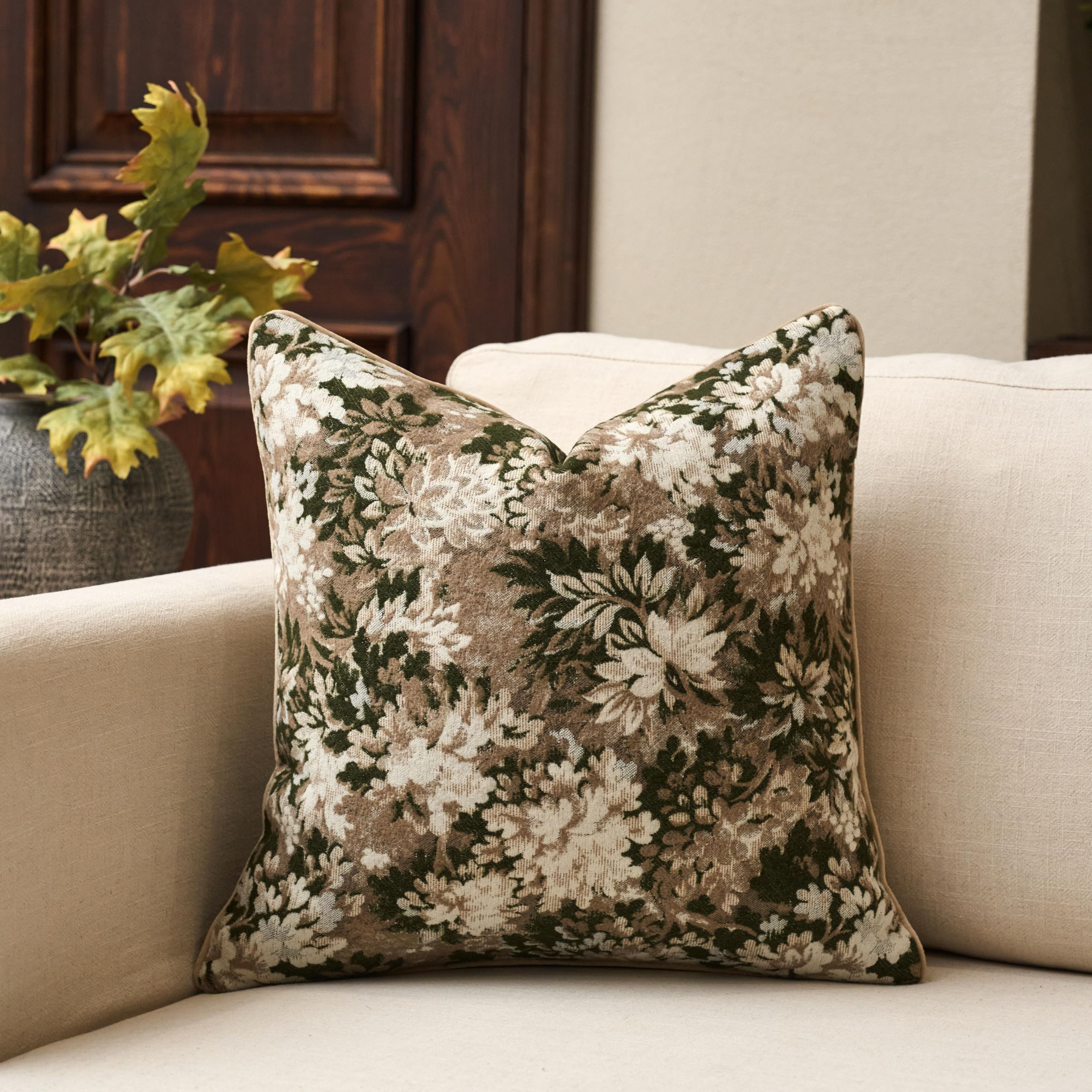 Yangest Neutral Floral Pillow Cover 20 x 20 Inches, Vintage Chenille Square Throw Pillow Cover So... | Amazon (US)