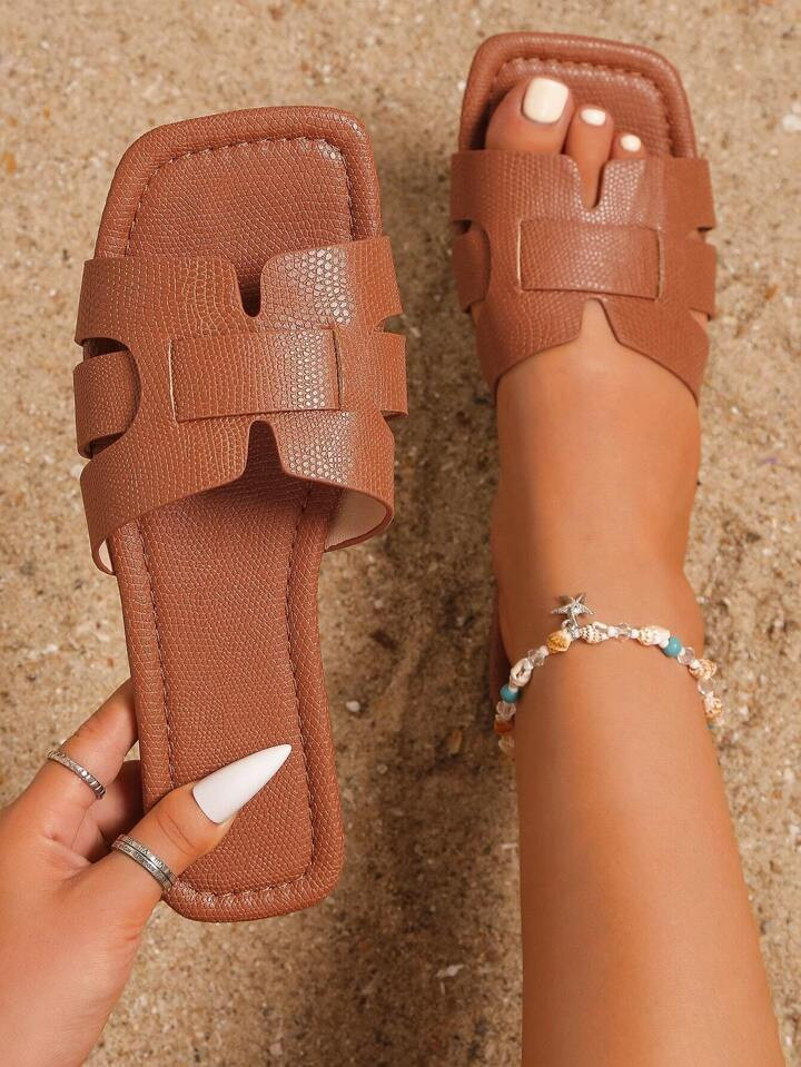 Women Snakeskin Embossed Cut Out Slide Sandals, Fashion Summer Flat Sandals | SHEIN