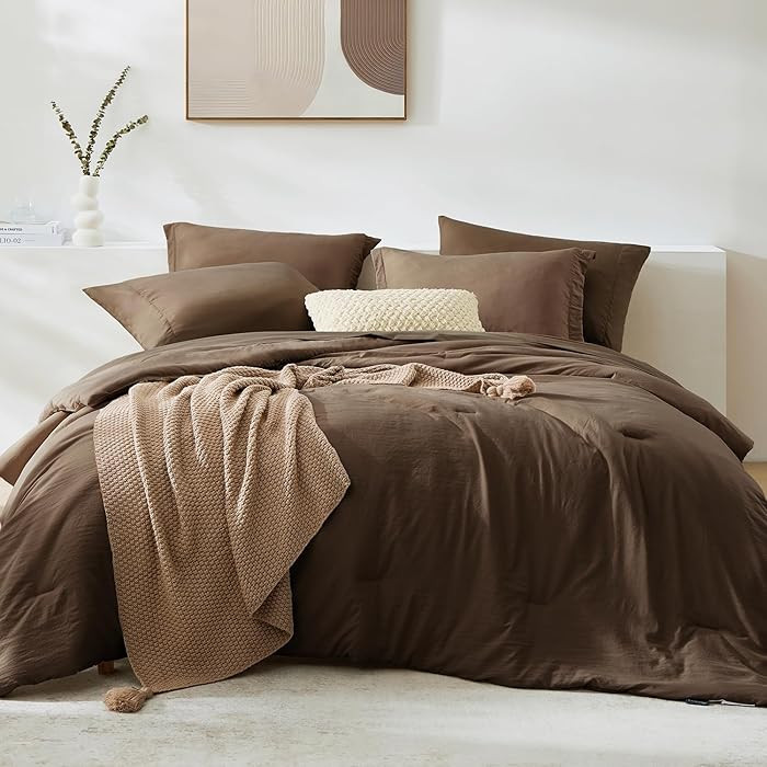 WRENSONGE Queen Comforter Set- 7 Pieces Soft Chocolate Brown Bed in a Bag with Fitted Sheet, Flat... | Amazon (US)