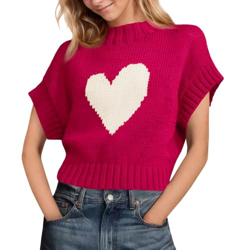 Saodimallsu Womens Cap Sleeve Cropped Sweater Mock Neck Cute Heart Loose Valentine Knit Tank Tops | Amazon (US)