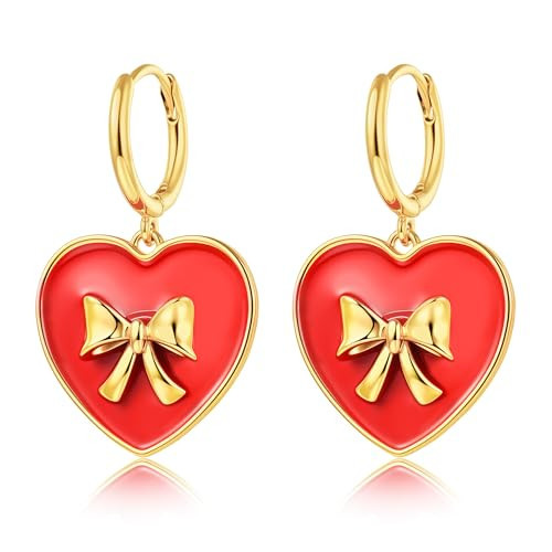 Red Enamel Heart Huggie Earrings for Women, Silver Bow Sweetheart Dangle Earrings, Hypoallergenic Trendy Jewelry Gift for Christmas & Daily Wear | Amazon (US)