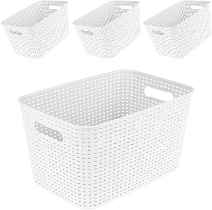 MBKO Plastic Storage Basket - Kitchen Office Pantry Organizer Bins (Large-4PK, White) | Amazon (US)
