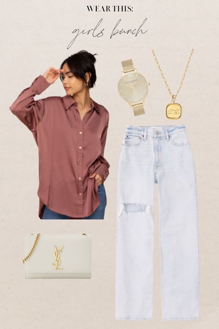 Girls brunch date outfit #abercrombie #abercrombiejeans #yslbag #designerbags #whitepurse #momjeans #lunchdateootd #buttonupshirt #abercrombieoutfit #fallclothes #falltrends #fallfashion #fall #falloutfits #gold #goldjewelry #looksforless