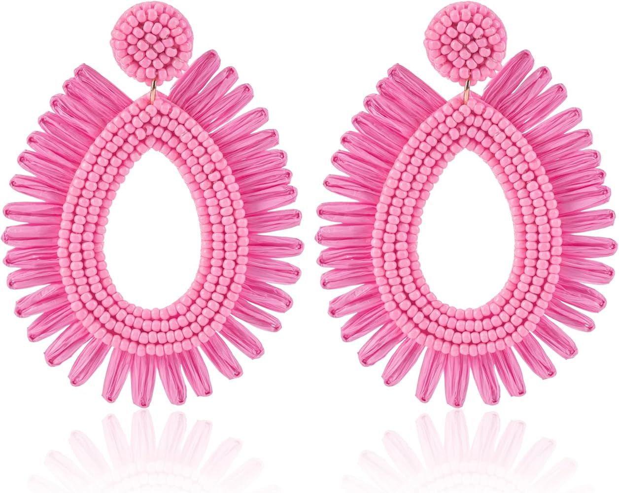 Raffia Statement Beaded Earrings Boho - Handmade Teardrop Dangle Earrings for Summer Beach Vacati... | Amazon (US)