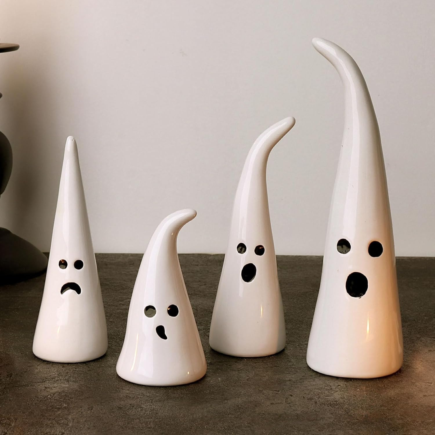 Halloween Decor Ceramic Ghost Figurine: 4 pcs Cute White Ghosts Halloween Decorations, Small Ghost Statue with Pointy Tops, Spooky Farmhouse Table Tiered Tray Fireplace Halloween Decor for Kids Home | Amazon (US)