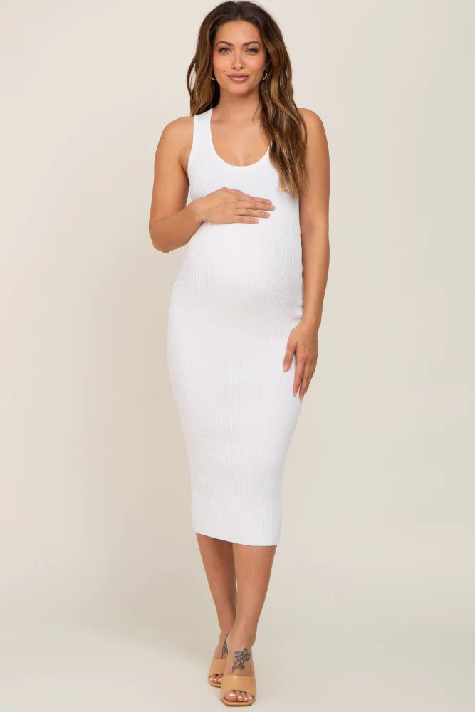 White Ribbed Low Back Cut Out Sleeveless Maternity Midi Dress | PinkBlush Maternity