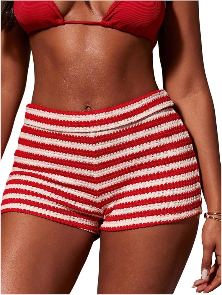 Floerns Women's Striped Crochet Micro Shorts Y2k Knit Booty Summer Beach Mini Shorts | Amazon (US)