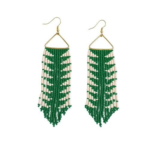 INK+ALLOY Beaded Boho Earrings for Women, Emilie Long Fringe Seed Bead Summer Statement Western Dangle Earrings, Hypoallergenic Handmade Jewelry for the Modern Bohemian, 4.5-Inch (Kelly Green Arrows) | Amazon (US)