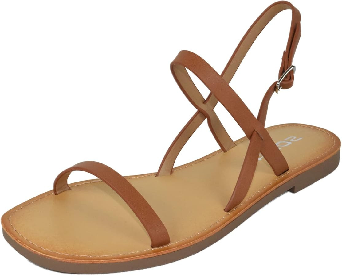 Soda Shoes Women Basic Flat Sandals Ankle Thin Strap Buckle LEEANA-S Tan Brown 8.5 | Amazon (US)