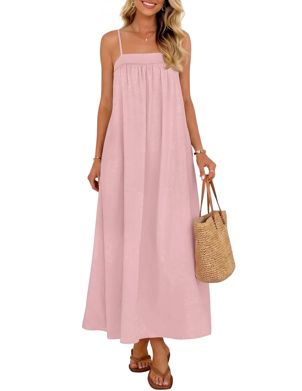 Merokeety Womens Summer Dresses Boho Spaghetti Strap Square Neck Linen Blend Maxi Sundress Pink s | Walmart (US)