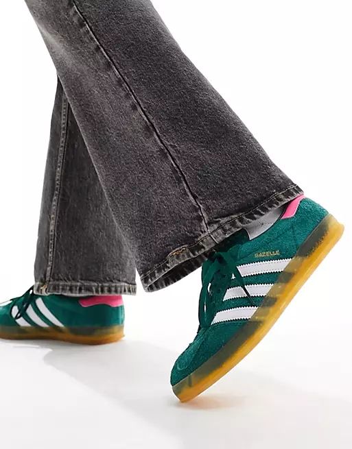 adidas Originals Gazelle Indoor sneakers in dark green with pink heel tab | ASOS (Global)