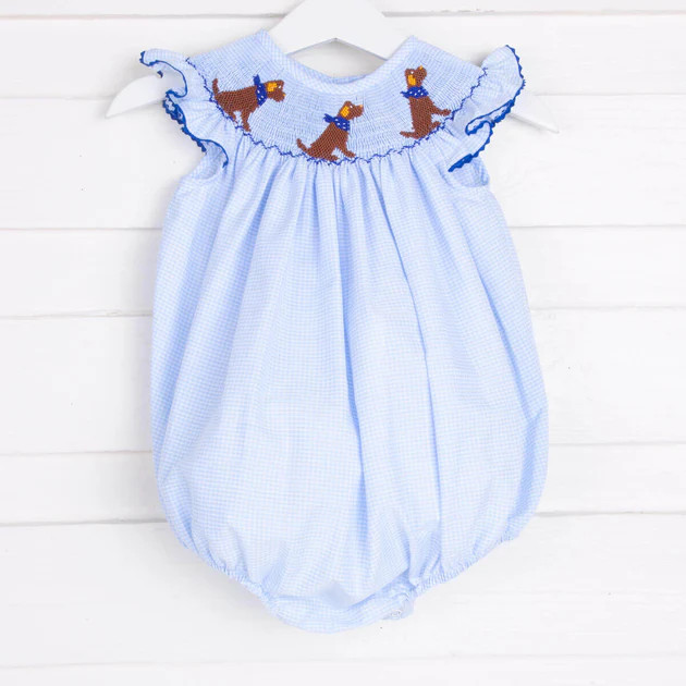 Chocolate Lab Smocked Bubble Light Blue Gingham | Classic Whimsy