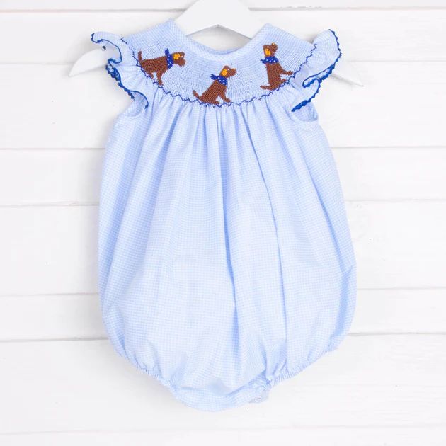 Chocolate Lab Smocked Bubble Light Blue Gingham | Classic Whimsy