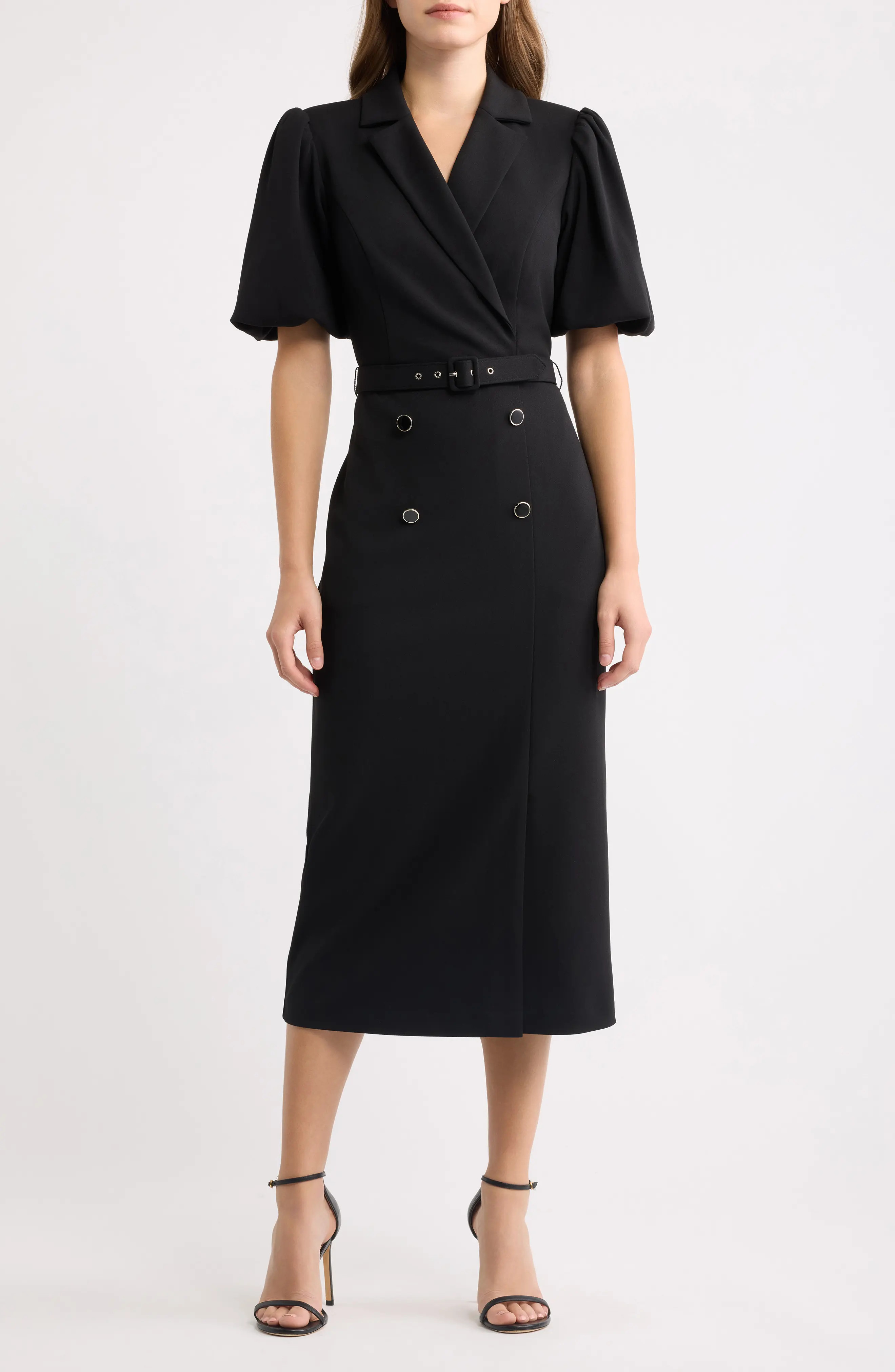 Eliza J Belted Puff Sleeve Midi Dress in Black at Nordstrom, Size 2 | Nordstrom