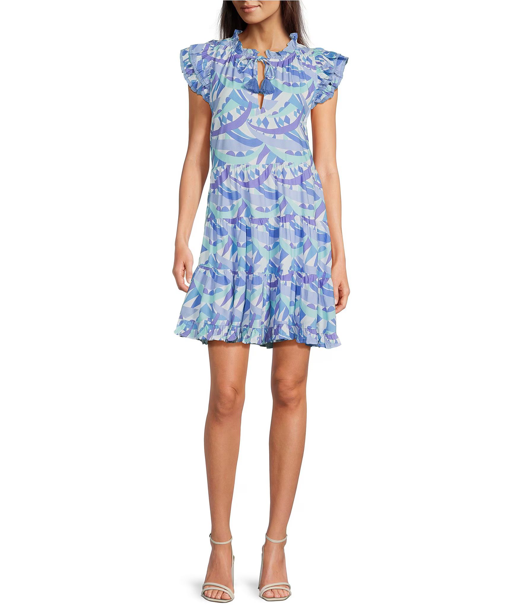 Abstract Print Ruffle Split V-Neck Cap Sleeve A-Line Mini Dress | Dillard's
