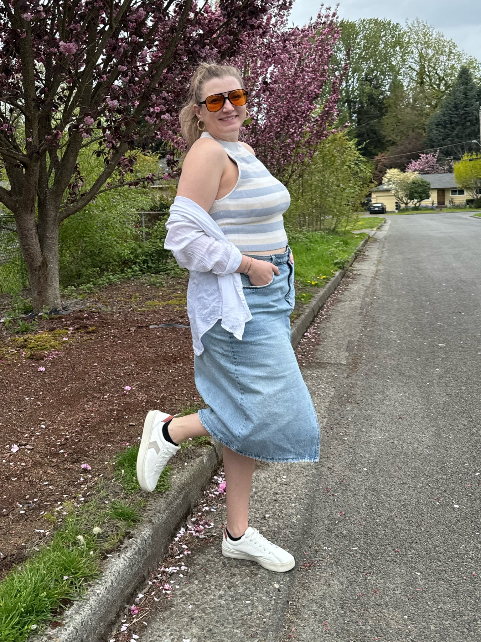 Jean skirt, white button up, sneakers, sweater tank

#LTKmidsize #LTKfindsunder50 #LTKfindsunder100