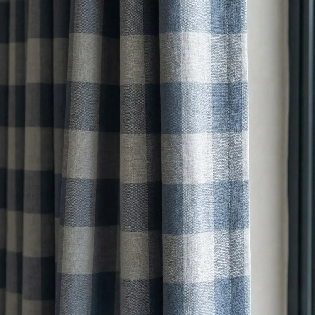 Organic Linen Gingham Curtains, Blue & Ivory Buffalo Check Farmhouse Drapes, Custom, Cotton Lined... | Etsy (US)