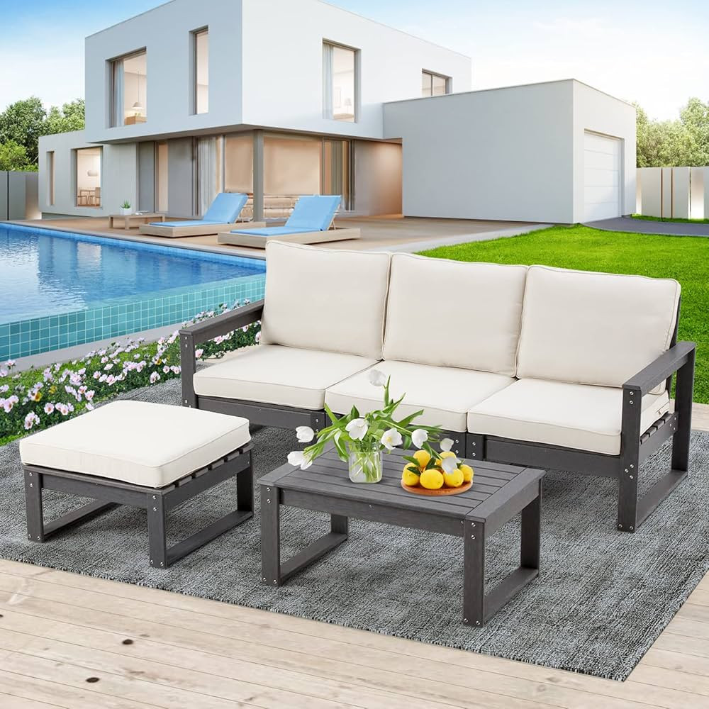 YOLENY 3-Piece Outdoor Patio Furniture Set, HDPE Sectional Sofa, Patio Conversation Set with Crea... | Amazon (US)