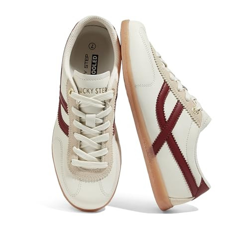 LUCKY STEP Women Classic Retro Gum Sole Fashion Sneakers,Beige/Wine,10.5 | Amazon (US)