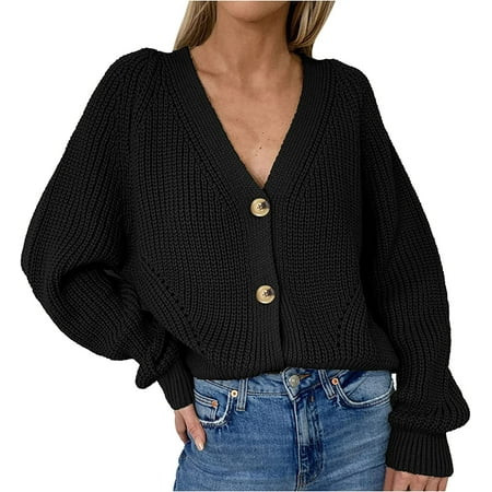 Women s Autumn and Winter Classic Casual Style V-Neck Solid Color Button Off The Shoulder Cardigan S | Walmart (US)