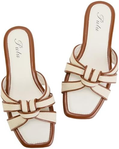 Putu Women's Flat Sandals Square Toe Slide Sandals Braided Sandals for Vacation | Amazon (US)