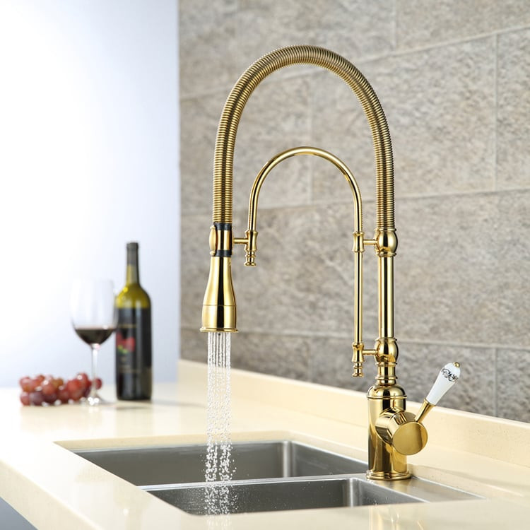 High Arc Pull-Down Kitchen Faucet with Porcelain Handle | Homary | Homary